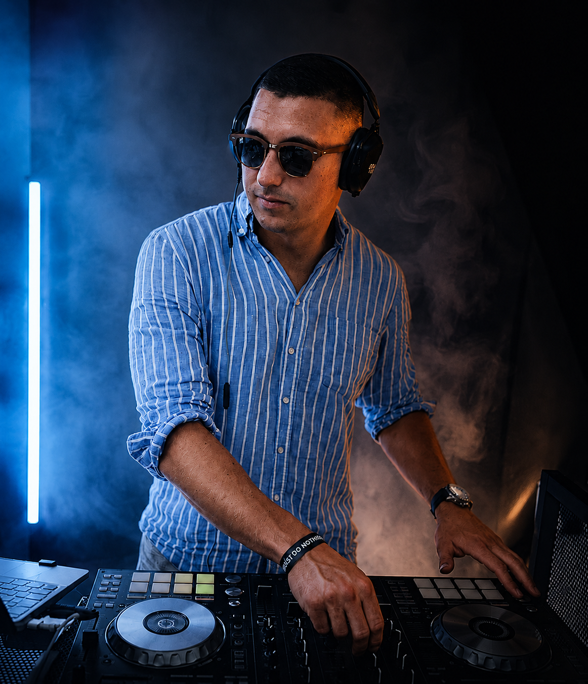 Piotr Wiater – DJ i konferansjer z Wrocławia, portret przy konsoli DJ-skiej